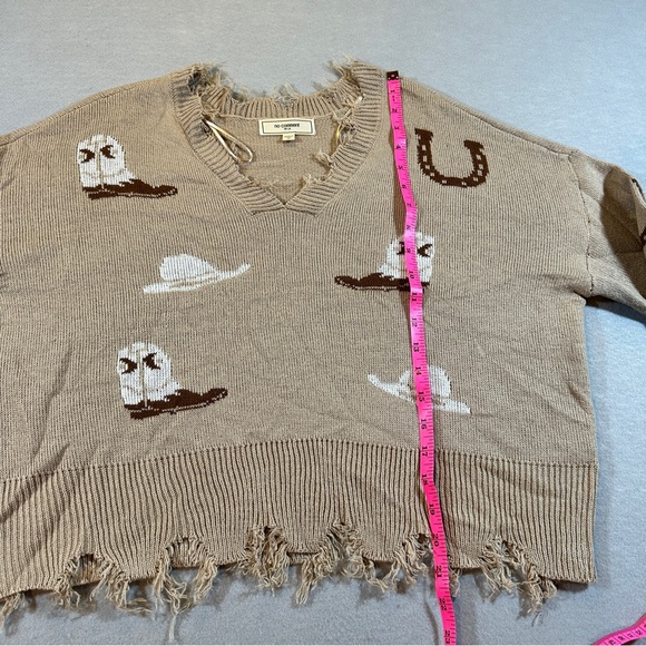 No Comment Women’s Tan Western Pullover Sweater Size M Cowboy Chic Raw Hem Ranch - Picture 3 of 8